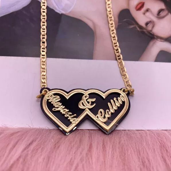 Acrylic Double Heart Layer Personalized Custom 3D Name Necklace with Crown