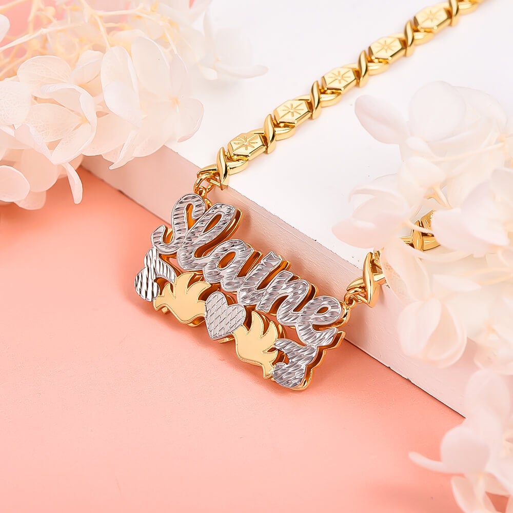 Double Layer Two Tone with Two Birds and Heart Personalized Custom Gold Plated Name Necklace XOXO Chain-silviax