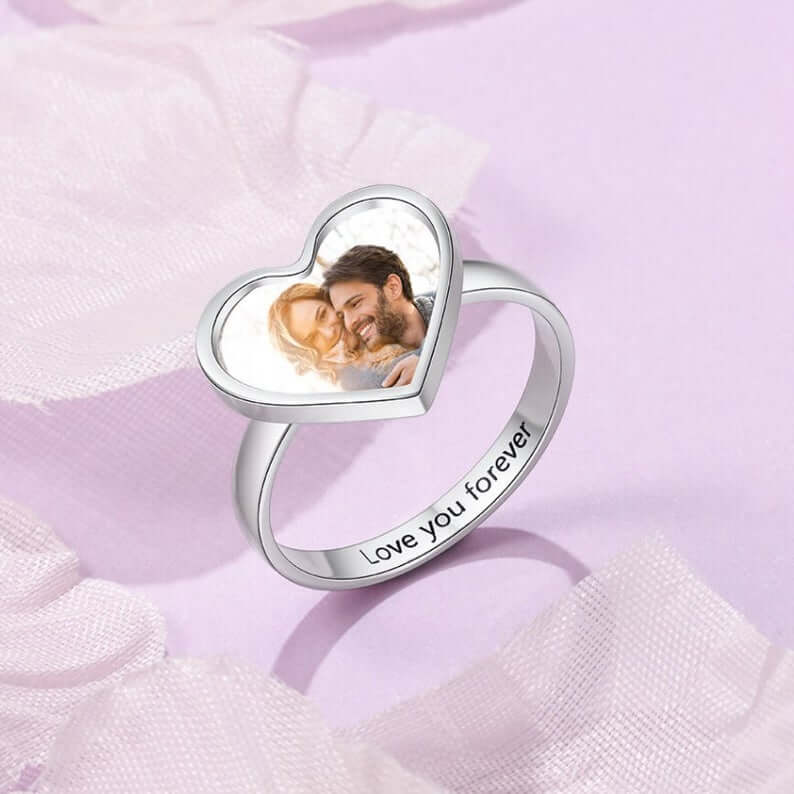 Heart Lettering White Gold Personalized Custom Photo Ring-silviax