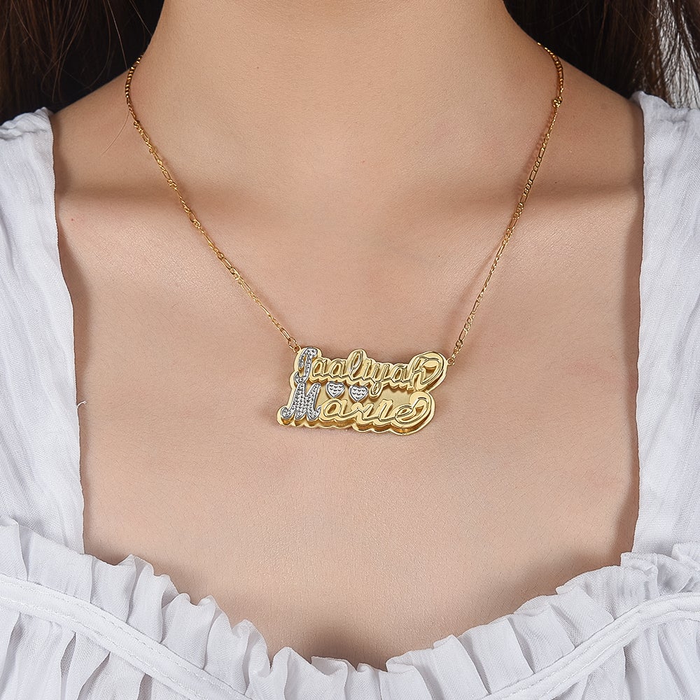Double Layer Two Tone with Two Hearts Personalized Custom Gold Plated Name Necklace-silviax