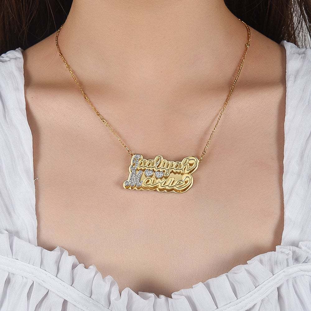 Double Layer Two Tone with Two Hearts Personalized Custom Gold Plated Name Necklace-silviax