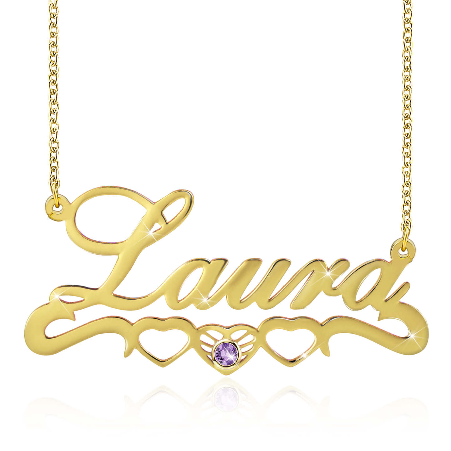 Three Hollow Heart with Birthstone Gold Plated Personalized Custom Name Necklace Mother Gift-silviax