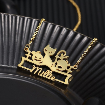 Halloween Gold Plated Personalized Custom Cat Pumpkins Name Necklace Gifts For Kids-silviax