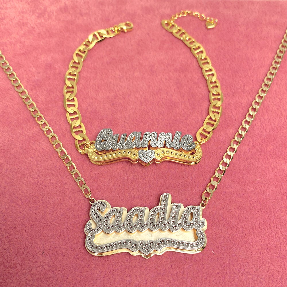 Double Layer Two Tone With Heart Personalized Custom Gold Plated Name Necklace Bracelet Set-silviax