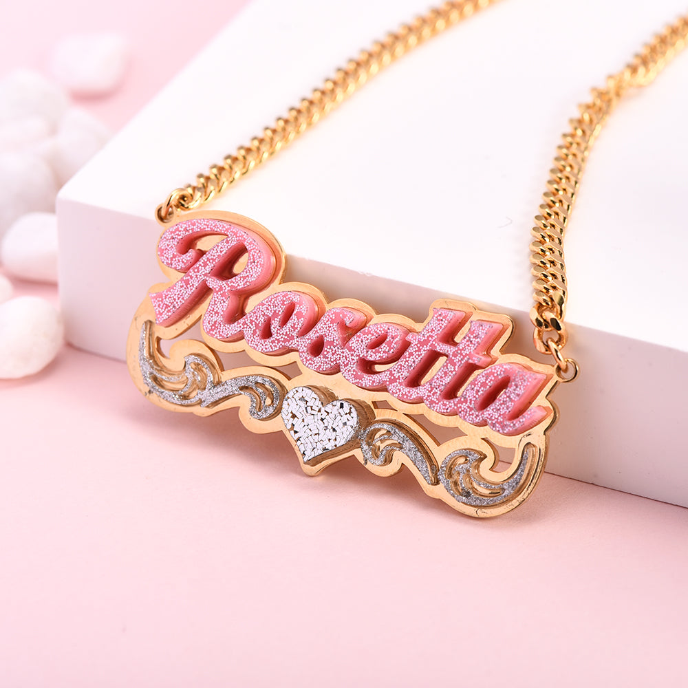 Double Plate Pink Acrylic Nameplate with Heart Personalized Custom Name Necklace-silviax