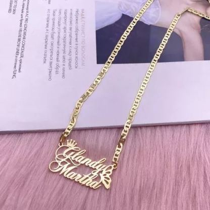 Mariner Chain Butterfly and Crown Two Name Pendant Personalized Custom Gold Plated Name Necklace Women Gifts-silviax