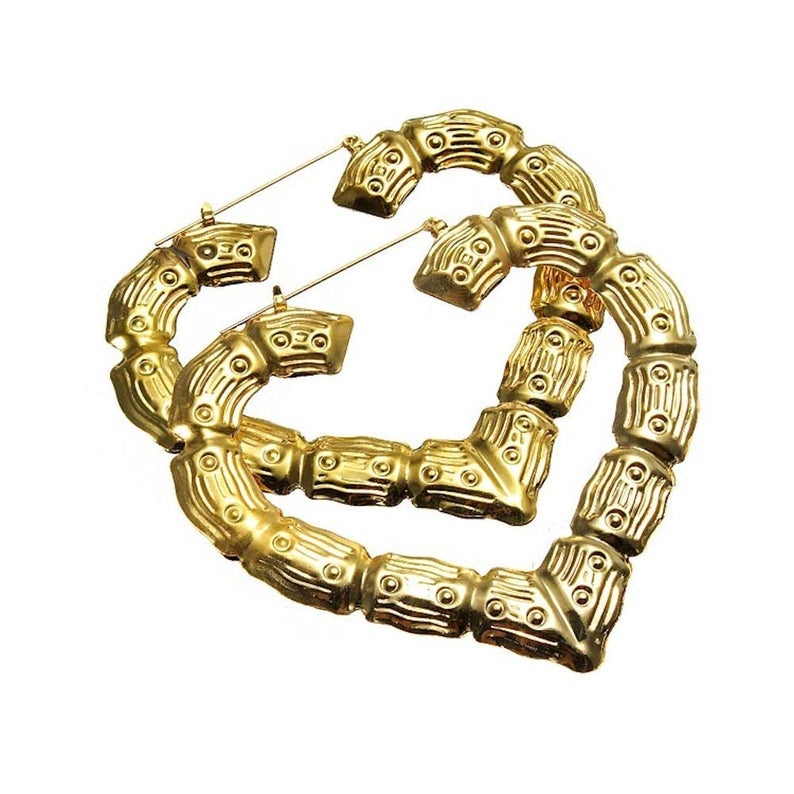 Gold Plated Chunky Bamboo Heart Hoop Earrings-silviax