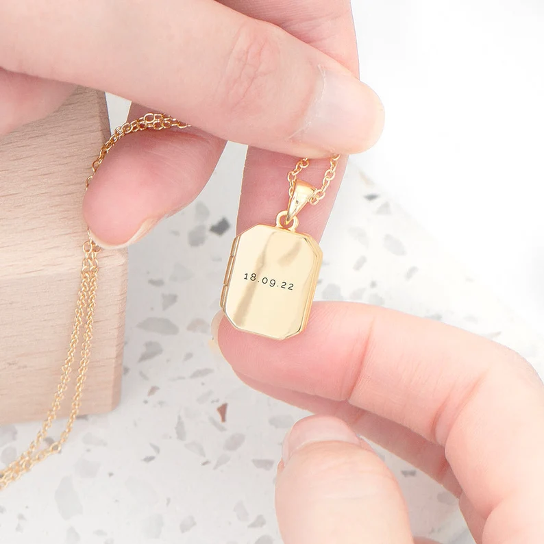 Personalized Gold Plated Rectangular Photo Locket Custom Photo Name & Date Necklace Anniversary Gift-silviax