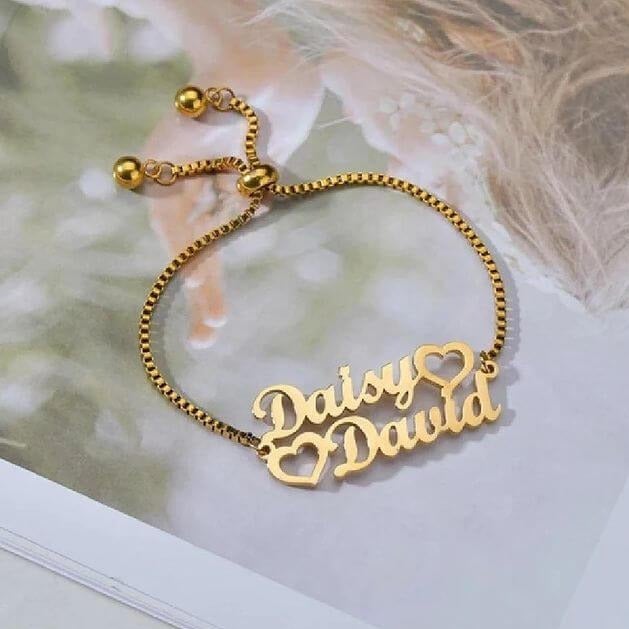 Two Hearts Couple Personalized Custom Gold Plated Name Bracelet-silviax