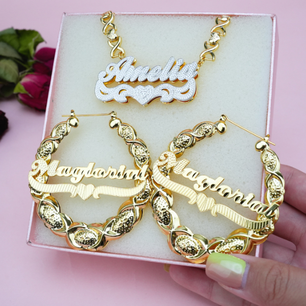Personalized Jewelry Set Two Tone XOXO Name Necklace and Bamboo Name Hoop Earrings Set-silviax