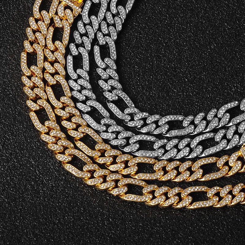 13mm Figaro Link Chain Iced Out Paved Rhinestones Gold Plated Necklace-silviax