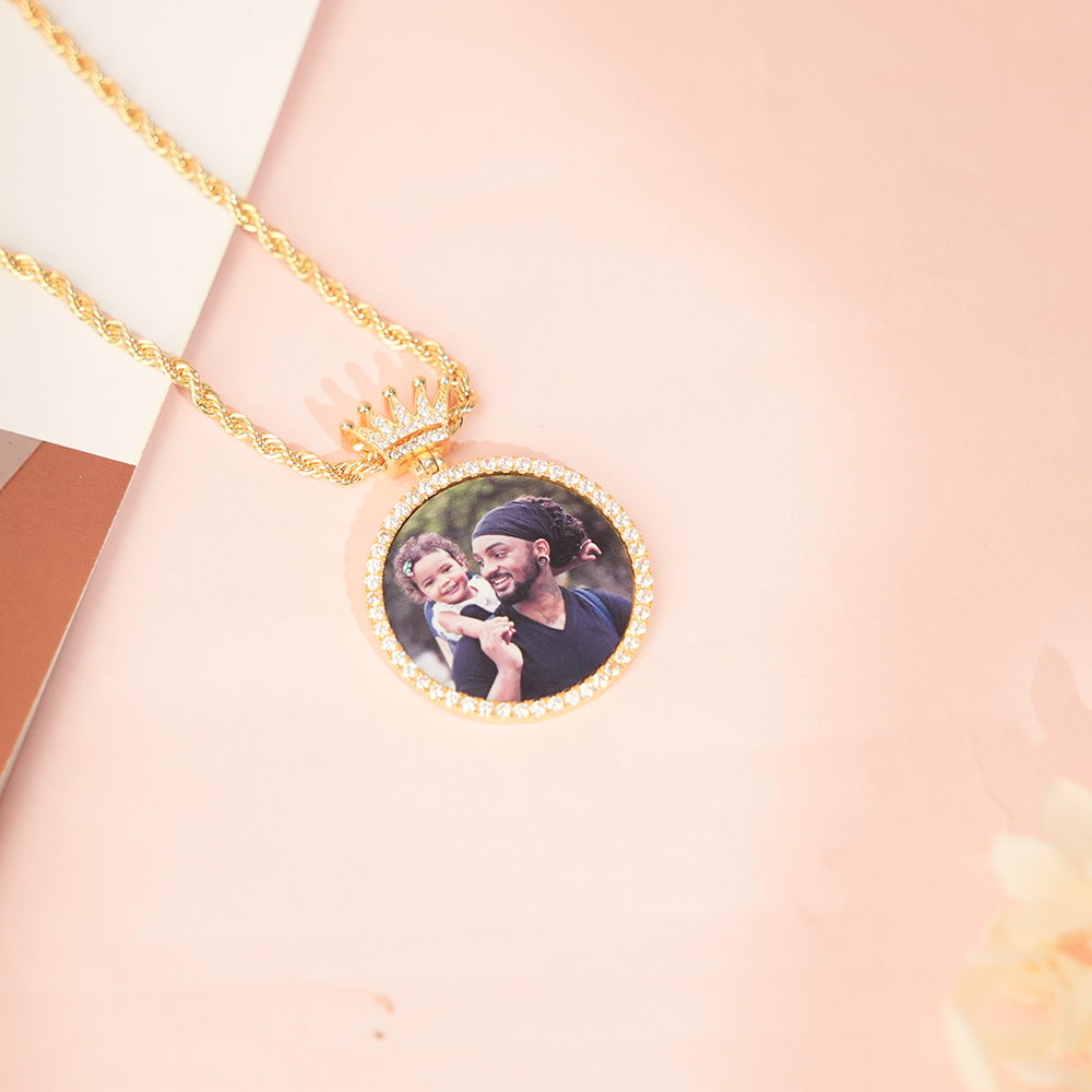 Crown Clasp Medallions Custom Photo Memory Circular Pendant Necklace Gold Plated Necklace-silviax