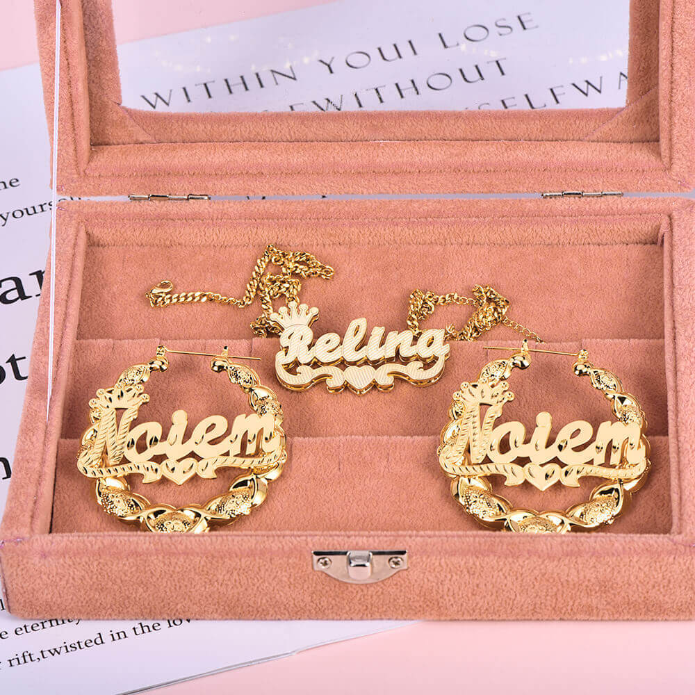 Crown Heart Double Layer Name Necklace And XOXO Name Earrings Personalized Custom Set-silviax
