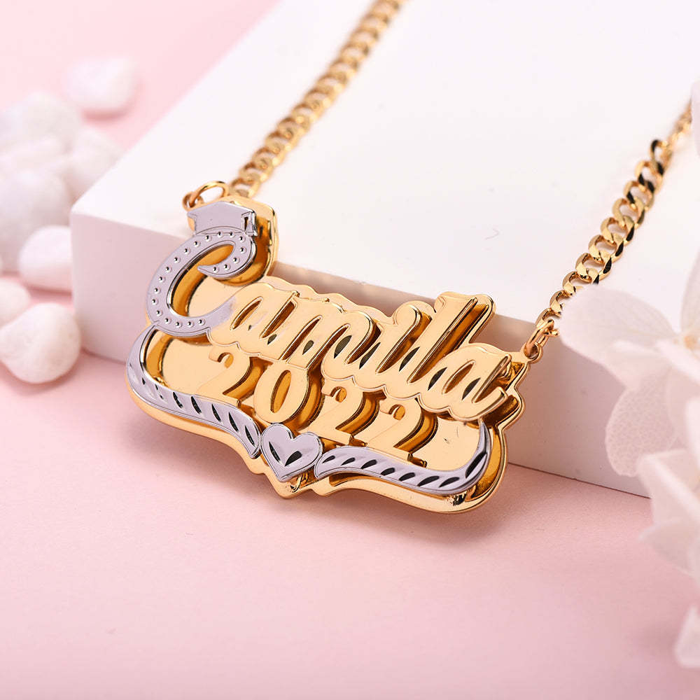 Double Plate Two Tone with Heart Personalized Graduation Cap Name and Year Necklace-silviax