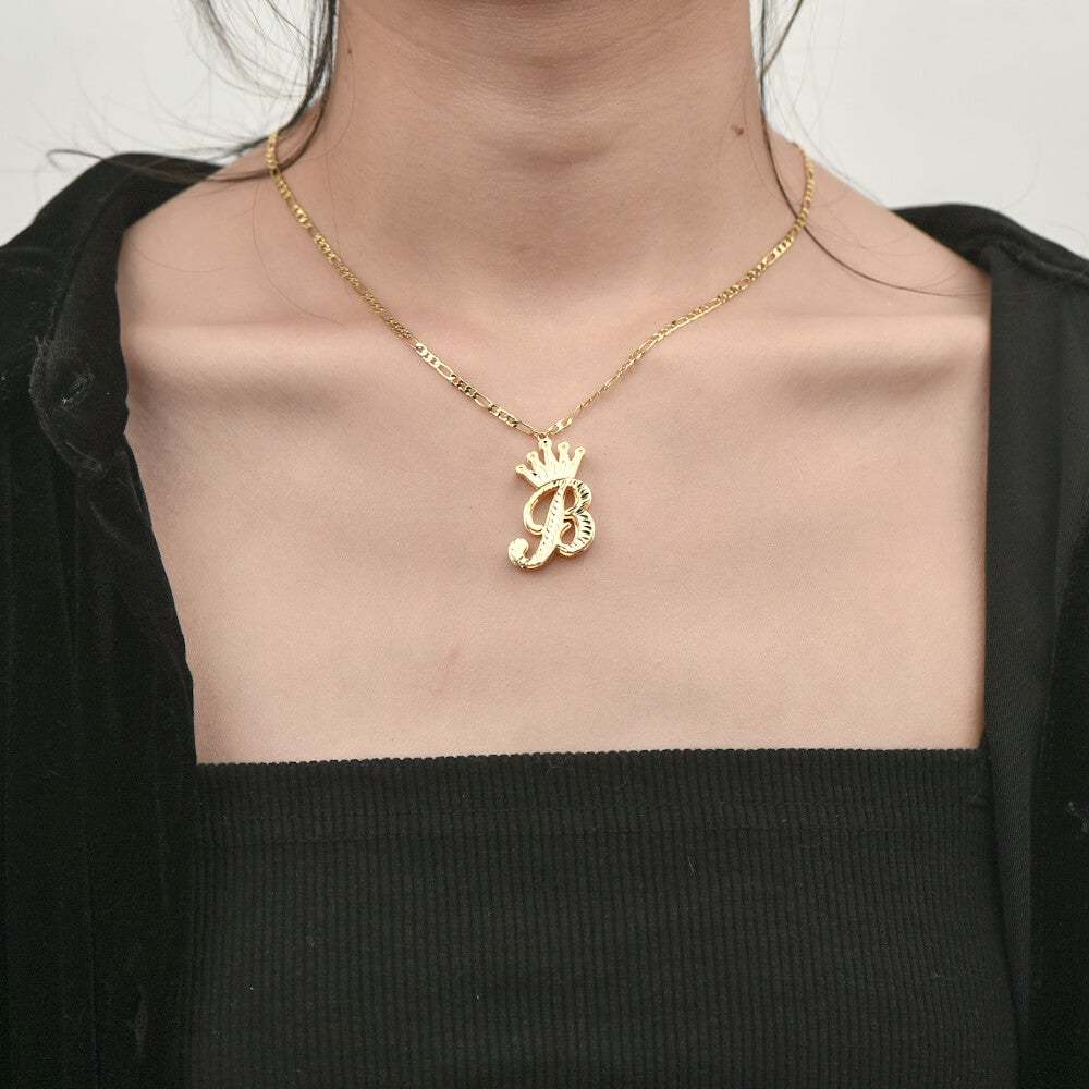 Double Layer Large Letter Crown Pendant Gold Plated Personalized Custom Initial Necklace-silviax