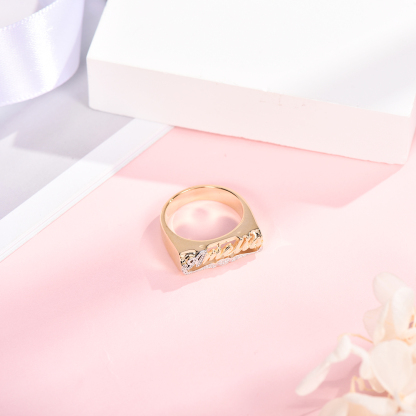 Two Tone Nameplate with Heart Personalized Custom Gold Plated Name Ring-silviax