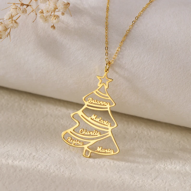 5 Names Christmas Tree Gold Plated Personalized Custom Nameplate Pendant Name Necklace Chirstmas Gift-silviax
