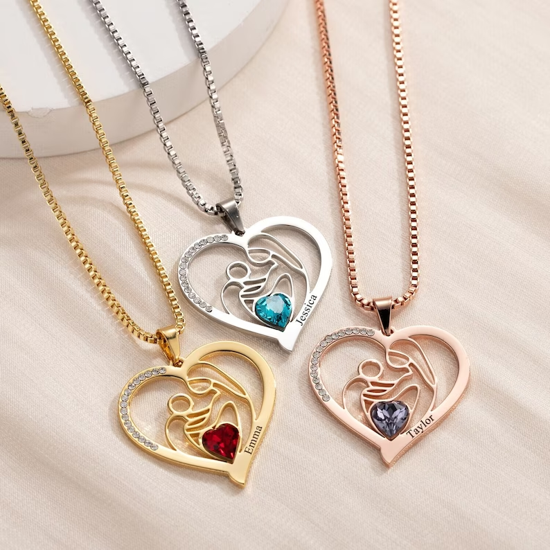 Custom Heart Necklace For Mom with Birthstone Box Chain Mother Gift-silviax