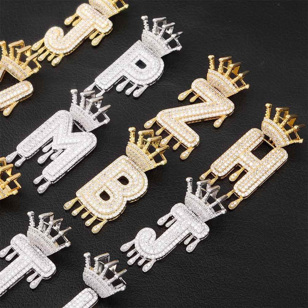 Gold Plated Crystal Dripping Crown Letter Initial Necklace-silviax