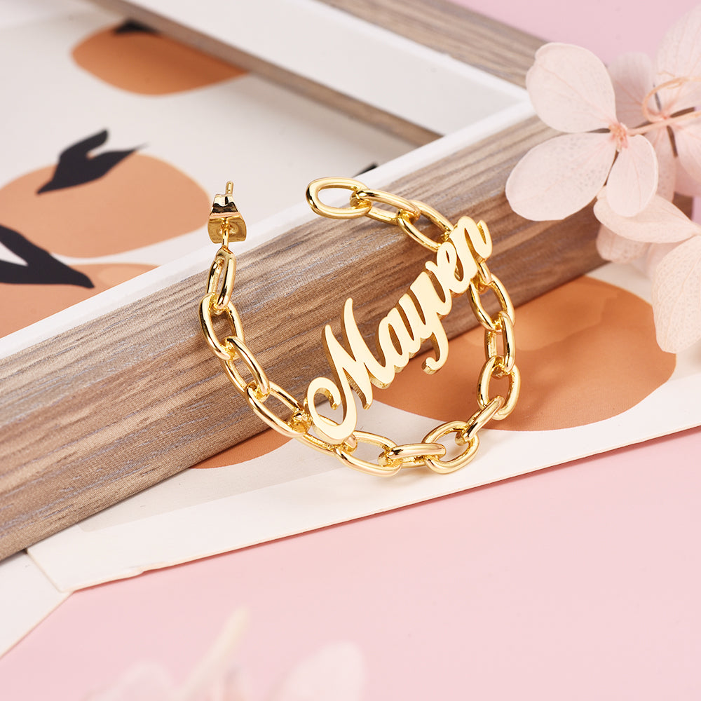 Personalized Gold Plated Chain Look Hoop Name Earrings-silviax