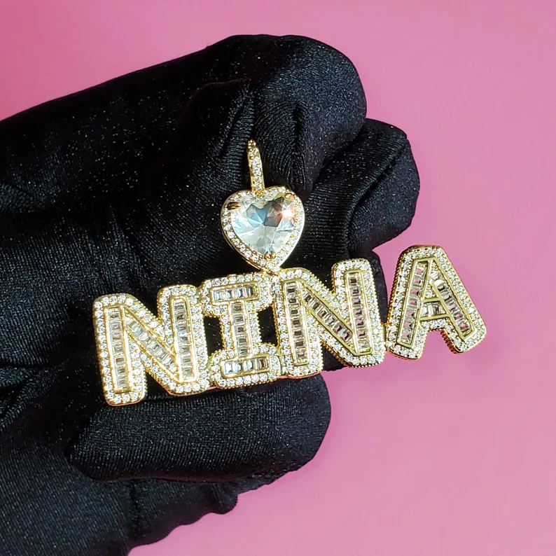 Iced Out Heart Bail Pendant Nameplate 3 To 8 Letters Custom Personalized Initial Necklace-silviax