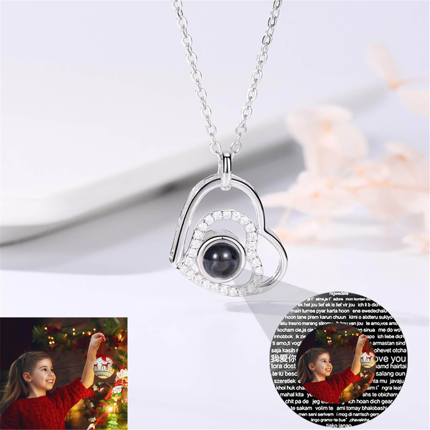 Heart Pendant 100 Languages "I Love You" With Color Photo Projection Necklace Personalized Custom White Gold Photo Necklace-silviax