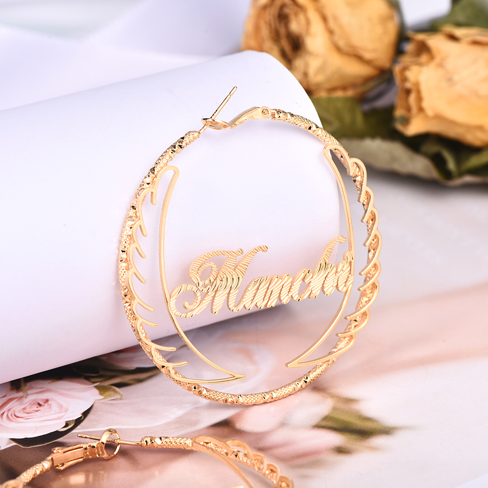 Angel Wings Hoop Earrings Personalised Custom Gold Plated Name Earrings Women Earrings-silviax