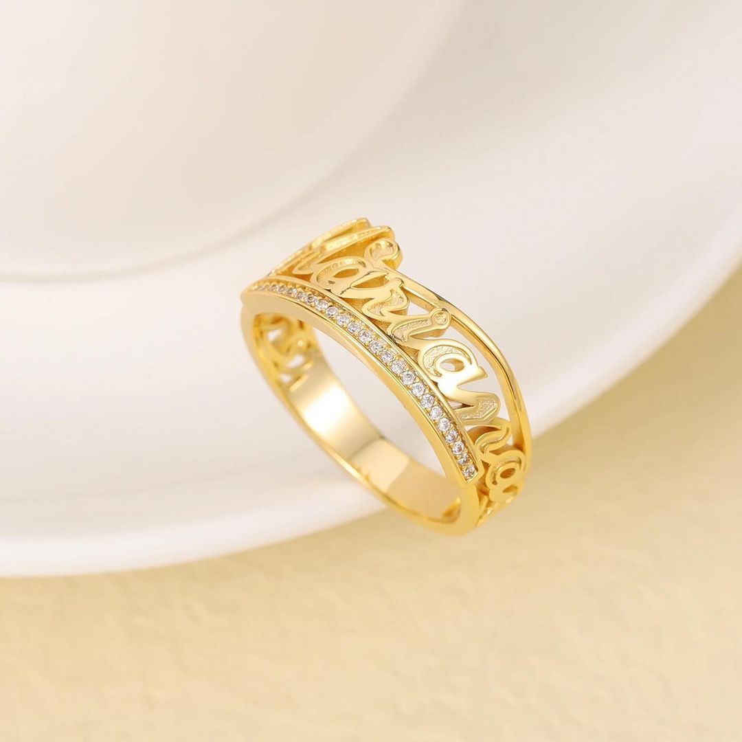 Luxury Personalized Diamond Cut 3D Name Ring with Czech Crystal-silviax