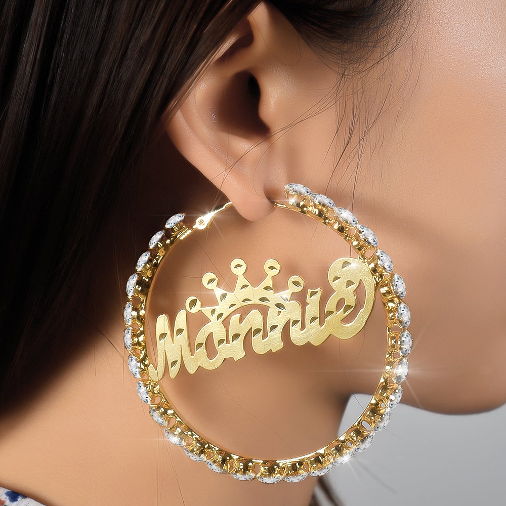 Gold Plated Personalized Hoop Name Earrings with Crown-silviax