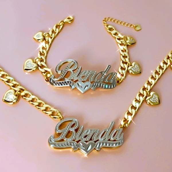 Double Layer Two Tone Heart Nameplate Cuban Chain With Heart Personalized Custom Gold Plated Name Necklace And Bracelet Set-silviax