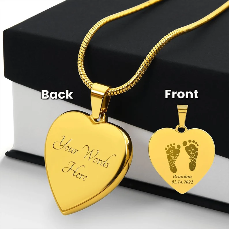 Heart Shaped Baby Footprint Custom Engraved Name and Date Necklace-silviax