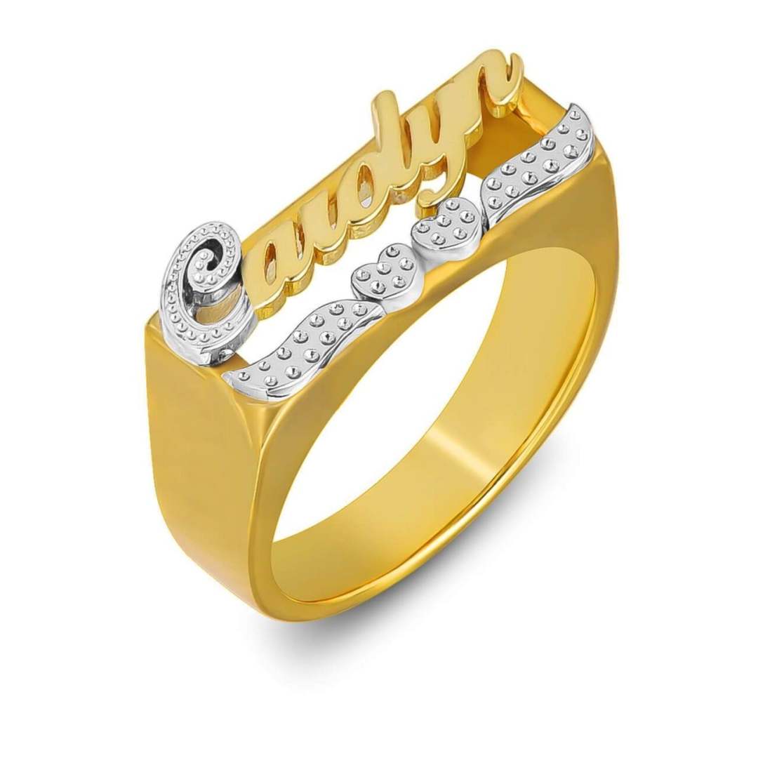 Gold Plated Personalized First Letter and Double Heart Engraving Name Ring