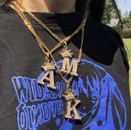 Crown Custom Letter Initial Necklace and Two Tone Double Layer Name Necklace Gold Plated Set-silviax