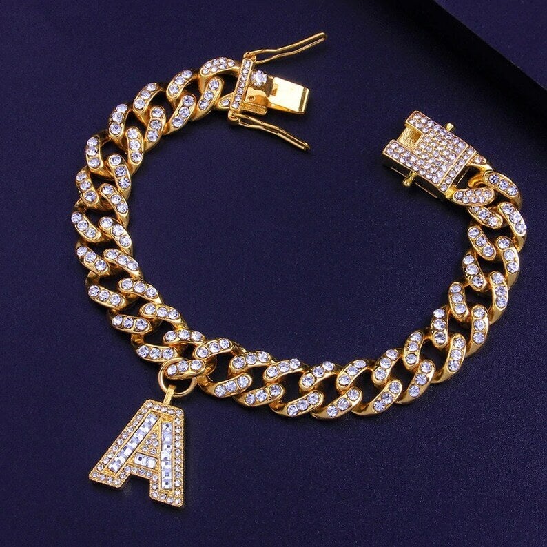 10mm Cuban Link Chain Personalized Custom Gold Plated Initial Bracelet-silviax