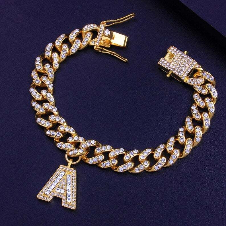 10mm Cuban Link Chain Personalized Custom Gold Plated Initial Bracelet-silviax