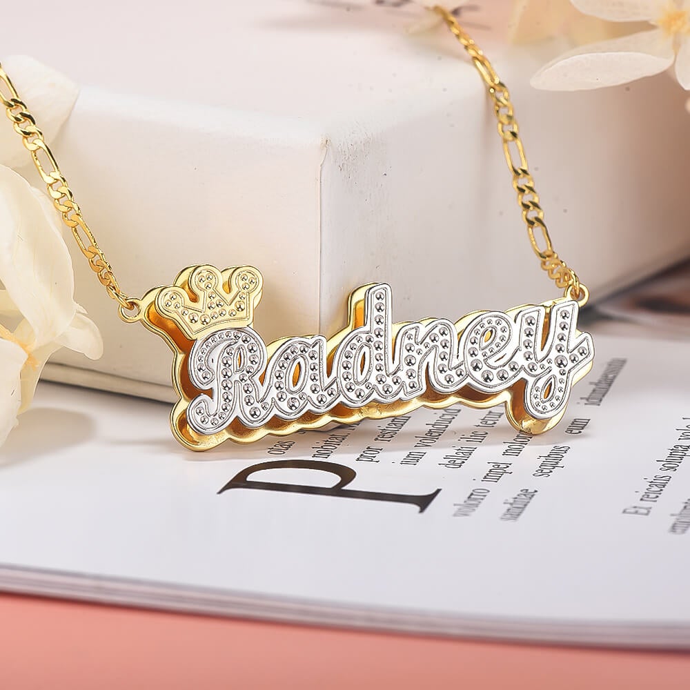 Crown Double Plate Two Tone Personalized Custom Gold Plated Name Necklace-silviax