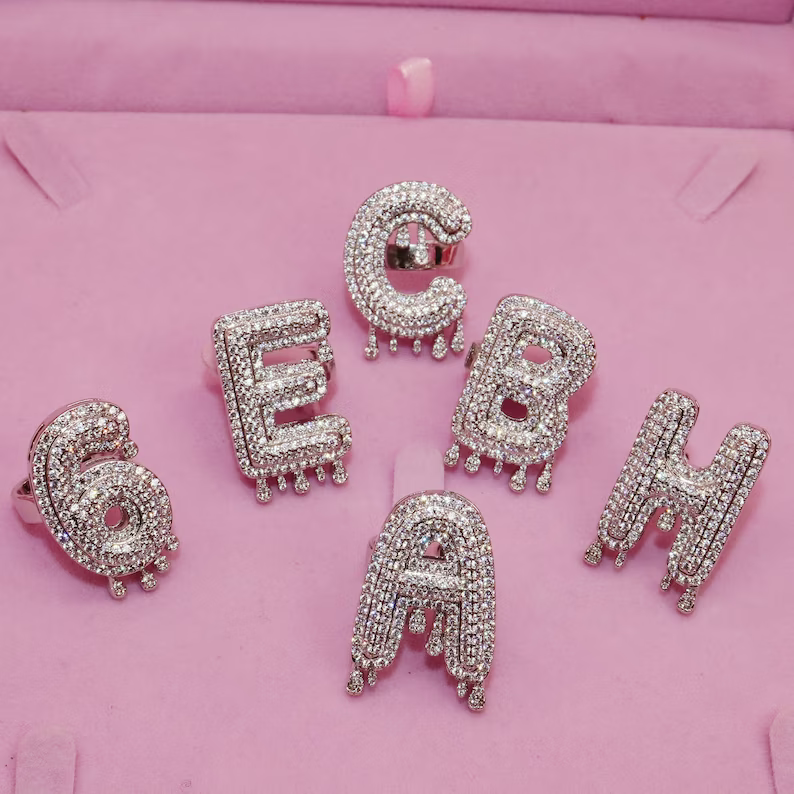 Drip Letter Number Personalized Custom White Gold Initial Ring Hip Hop Style-silviax