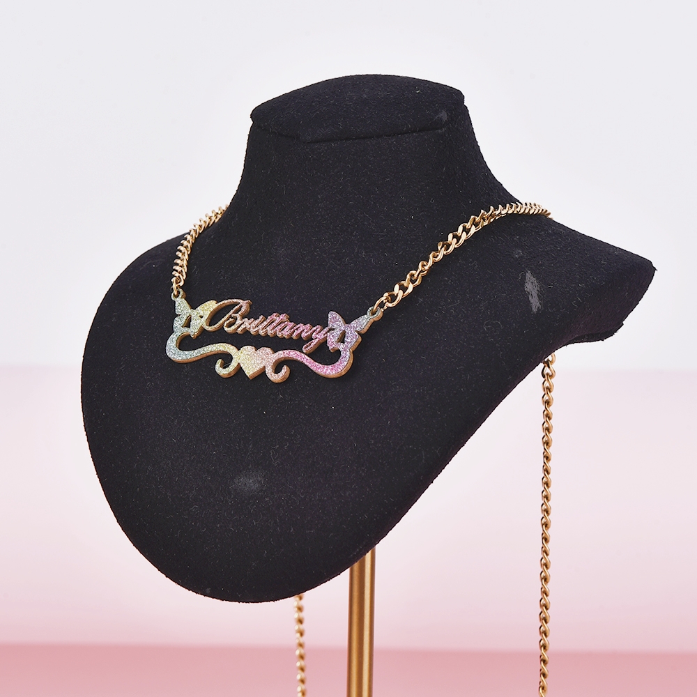 Bling Bling Colorful Two Butterfly with Heart Personalized Name Necklace-silviax