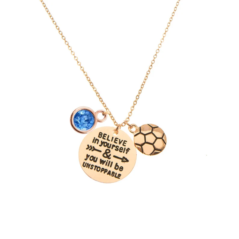 Personalized Custom Gold Plated Sport Soccer Pendant Motto Nameplate Necklace with Birthstone