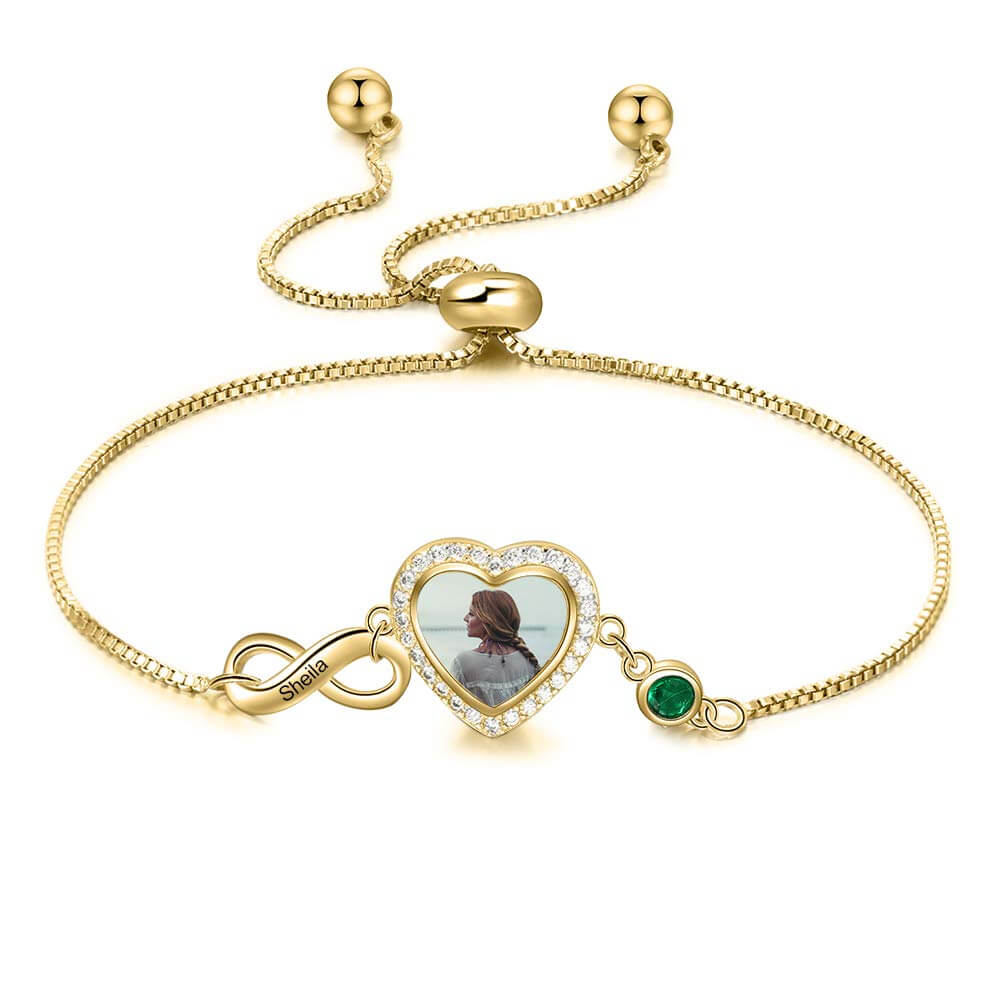 Heart And Infinite Engraved Name with Birthstone Personalized Custom Gold Plated Photo Bracelet-silviax