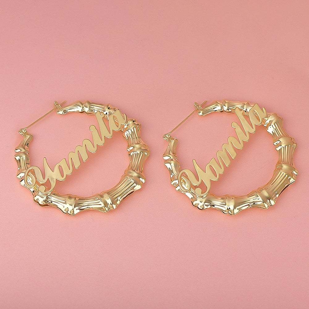 Gold Plated Personalized Custom Bamboo Hoop Name Earrings-silviax
