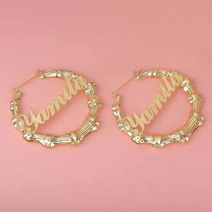 Gold Plated Personalized Custom Bamboo Hoop Name Earrings-silviax