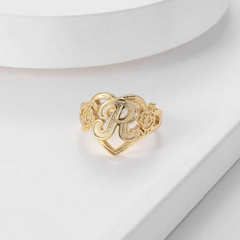 Personalized Custom Gold Plated Capital Letter Initial Heart Ring with Flowers-silviax