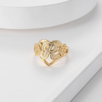 Personalized Custom Gold Plated Capital Letter Initial Heart Ring with Flowers-silviax