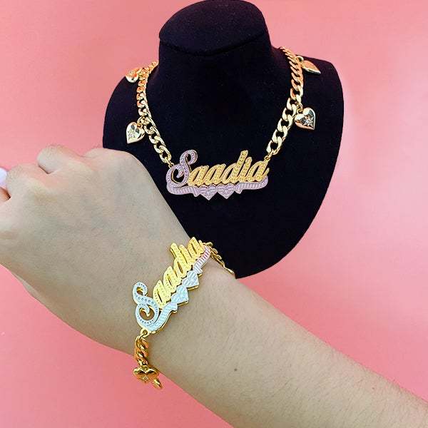Double Layer Two Tone Two Hearts Nameplate Cuban Chain With Heart Personalized Custom Gold Plated Name Necklace And Bracelet Set-silviax