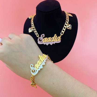 Double Layer Two Tone Two Hearts Nameplate Cuban Chain With Heart Personalized Custom Gold Plated Name Necklace And Bracelet Set-silviax