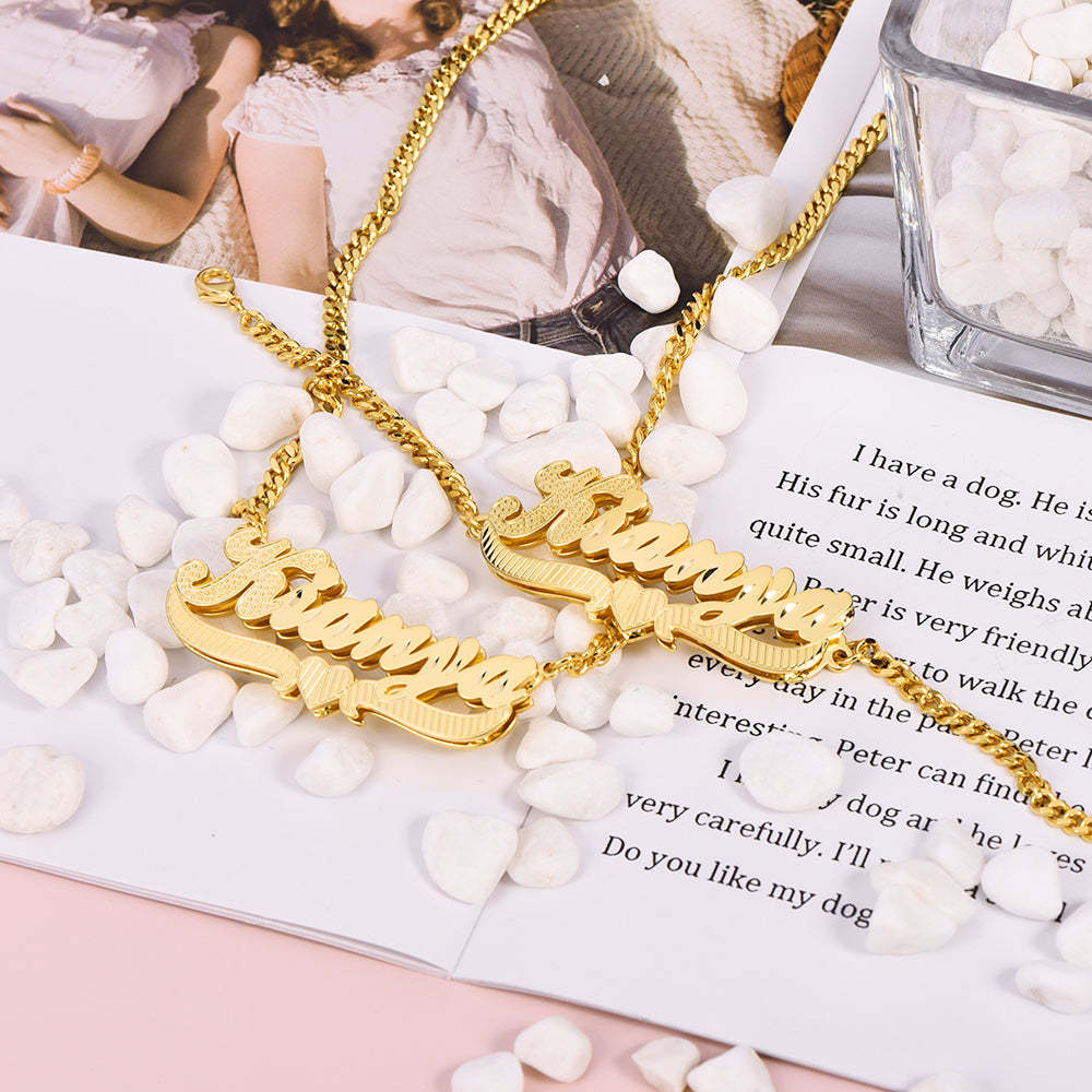 Double Layer With Heart Nameplate Personalized Custom Gold Plated Name Necklace and Bracelet Set-silviax