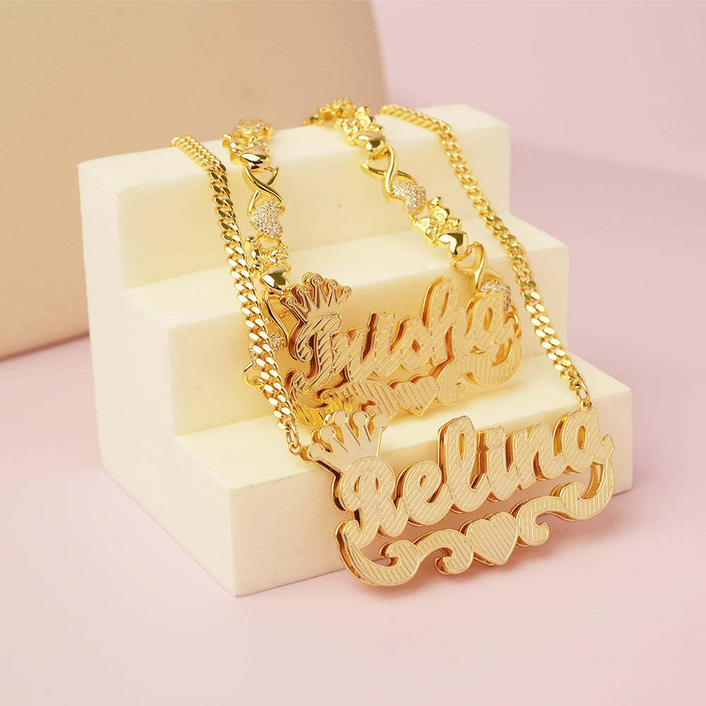 Teddy XOXO Chain Crown Heart Name Bracelet and Double Layer Crown Heart Name Necklace Personalized Custom Gold Plated Set-silviax