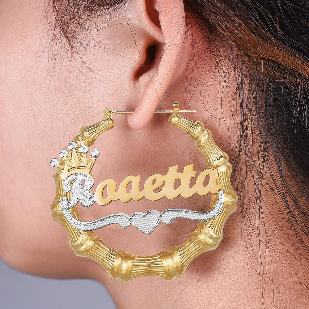Crown Heart Two Tone Bamboo Earrings Personalized Custom Gold Plated Name Earrings-silviax