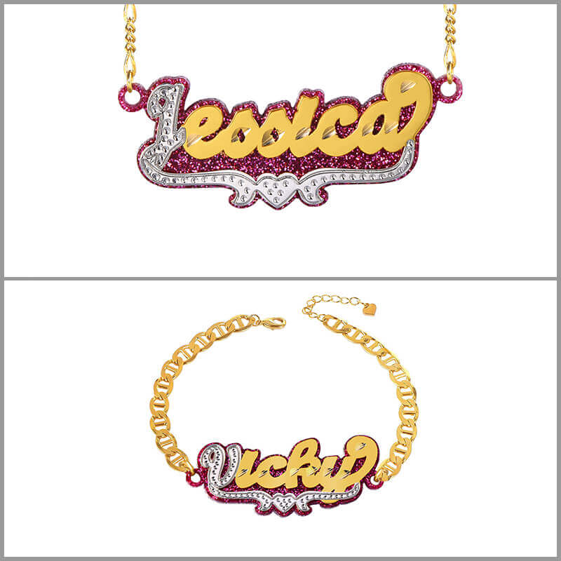 Acrylic Double Layer Two Tone Personalized Custom Gold-plated Name Necklace and Name Ring Set-silviax